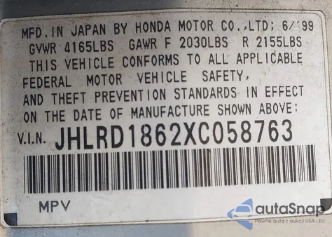 1999 Honda Cr-V Ex z USA, uszkodzony, nr VIN JHLRD1862XC058763
